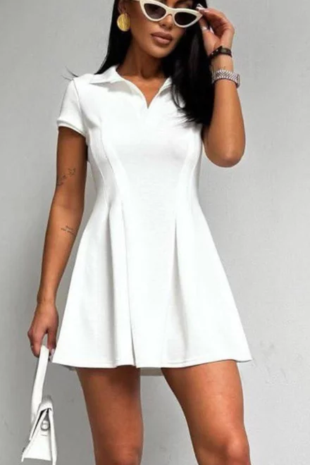 Rochie Dama, cu Guler Tip Camasa, Maneci Scurte si Cusaturi Evidentiate, Hills, Alb