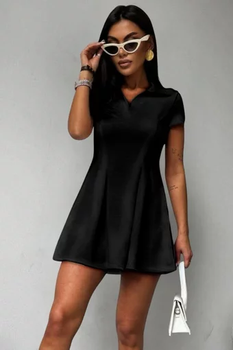 Rochie Dama, cu Guler Tip Camasa, Maneci Scurte si Cusaturi Evidentiate, Tennis, Negru