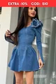 Rochie Dama, din Blug Premium, cu Maneci Lungi Crapate si Accesoriu Floare Detasabila, Couture, Blue