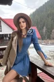 Rochie Dama, din Blug Premium, cu Maneci Lungi Crapate si Accesoriu Floare Detasabila, Couture, Blue
