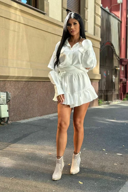 Rochie  Dama din Material Tip iN Lejera, cu Fusta-Pantalon si Maneci Detasabile, ivoire