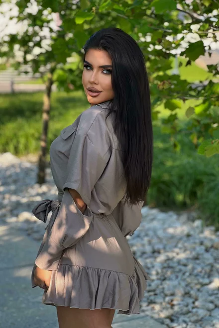 Rochie Dama din Material Tip iN Lejera, cu Fusta-Pantalon si Maneci Detasabile, Summers, Cappuccino