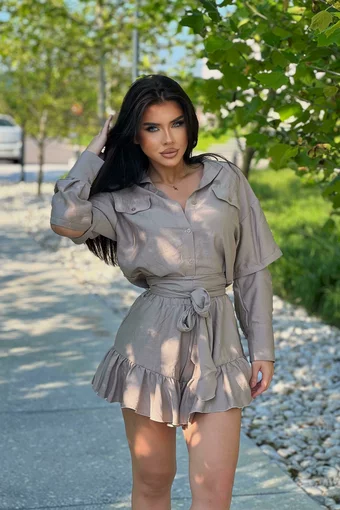 Rochie Dama din Material Tip iN Lejera, cu Fusta-Pantalon si Maneci Detasabile, Summers, Cappuccino