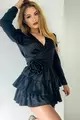 Rochie  Dama din Satin, cu Accesoriu Floare Detasabil, Petrecuta pe Bust, Fara Curea, Belleza, Neagra