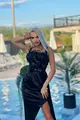 Rochie  Dama din Satin, cu Trena Atasata pe o Parte si Accesorizata cu Fulgi, Ariel, Neagra