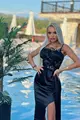 Rochie  Dama din Satin, cu Trena Atasata pe o Parte si Accesorizata cu Fulgi, Ariel, Neagra