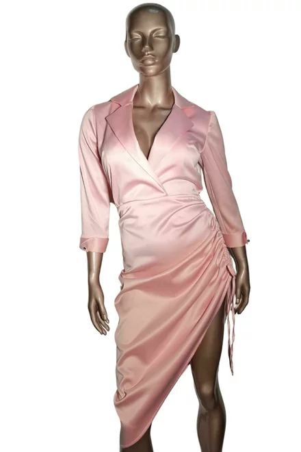 Rochie dama eleganta, cu siret pe lateral, tip camasa,din satin roz pudra