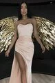 Rochie Dama Eleganta, din Satin, cu Corset Incheiat in Siret pe Spate si Crapatura Adanca, MyGold, Bej