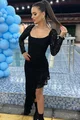 Rochie de Dama, Asimetrica, cu Inchidere Fermoar si Maneci Lungi, din Dantela, Regalle, Neagra