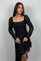 Rochie de Dama, Asimetrica, cu Inchidere Fermoar si Maneci Lungi, din Dantela, Regalle, Neagra