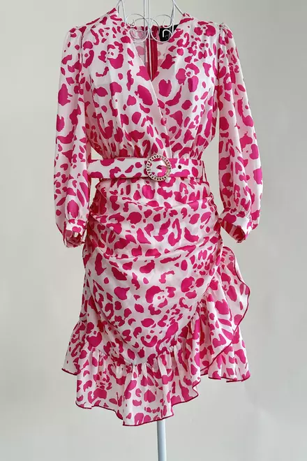 Rochie de Dama Casual, cu Tiv Volan si cu Centura in Talie, PinkTigree, Animal Print Roz