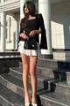 Rochie de Dama, cu Decolteu Patrat, cu Insertie Poplin Alb si Maneci Crapate, Caution, Neagra