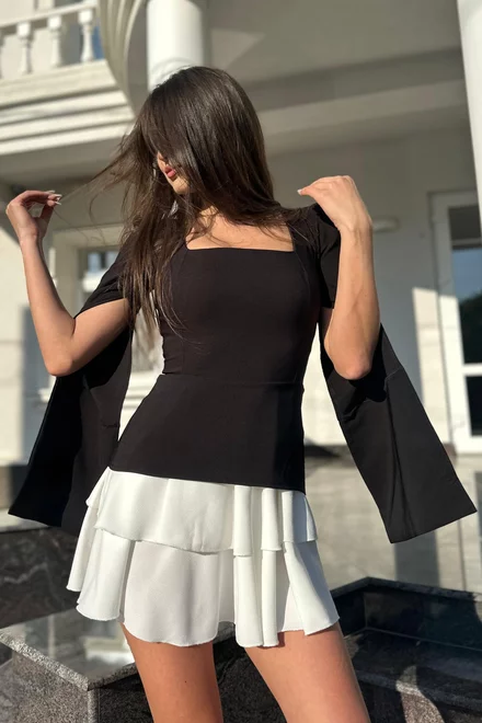 Rochie de Dama, cu Decolteu Patrat, cu Insertie Poplin Alb si Maneci Crapate, Caution, Neagra