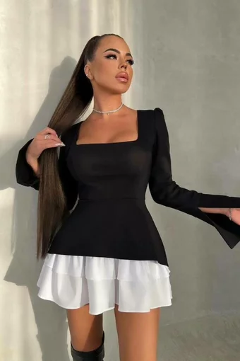 Rochie de Dama, cu Decolteu Patrat, cu Insertie Poplin Alb si Maneci Crapate, Pettite, Neagra