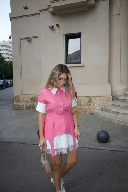 Rochie de Dama,cu Detaliu tip Portjartier, cu Poplin Alb in Contrast, Penny, Roz
