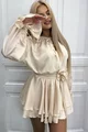 Rochie de Dama, cu Fusta Pantalon, Accesorizata cu Floare, din Satin, Tivess, Crem