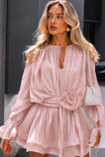 Rochie de Dama, cu Fusta - Pantalon, Accesorizata cu Floare, Sevgi, Roz