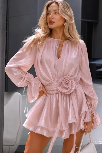 Rochie de Dama, cu Fusta - Pantalon, Accesorizata cu Floare, Sevgi, Roz