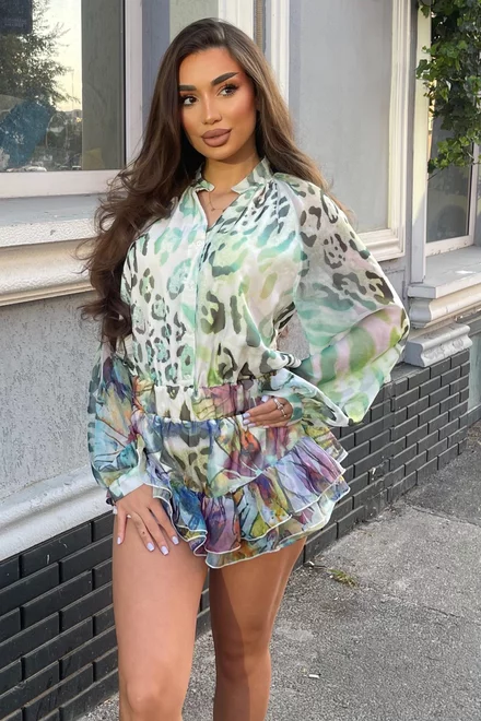 Rochie de Dama, cu Fusta Pantalon si Maneci Lungi  Bufante, Elle, Multicolora