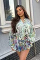 Rochie de Dama, cu Fusta Pantalon si Maneci Lungi  Bufante, Elle, Multicolora