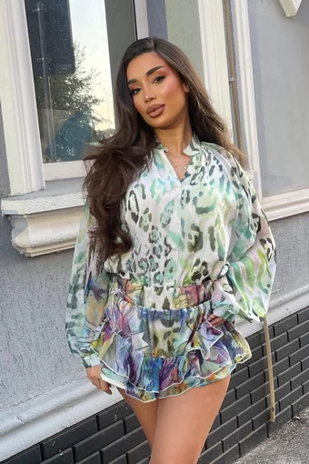Rochie de Dama, cu Fusta Pantalon si Maneci Lungi  Bufante, Elle, Multicolora
