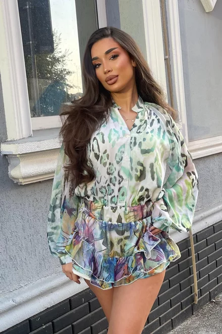 Rochie de Dama, cu Fusta Pantalon si Maneci Lungi  Bufante, Elle, Multicolora