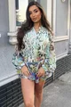 Rochie de Dama, cu Fusta Pantalon si Maneci Lungi  Bufante, Elle, Multicolora