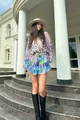 Rochie de Dama, cu Fusta Pantalon si Maneci Lungi  Bufante, Elleonorra, Multicolora