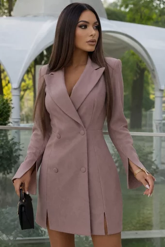 Rochie de Dama, cu Inchidere Nasturi si Maneci Crapate, din Bistrech, Lessy, Bej