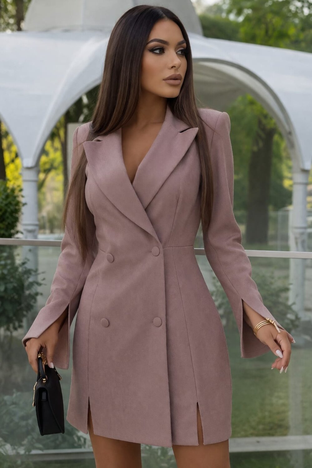 FOGGI Rochie De Dama, Cu Inchidere Nasturi Si Maneci Crapate, Din Bistrech, Lessy, Bej