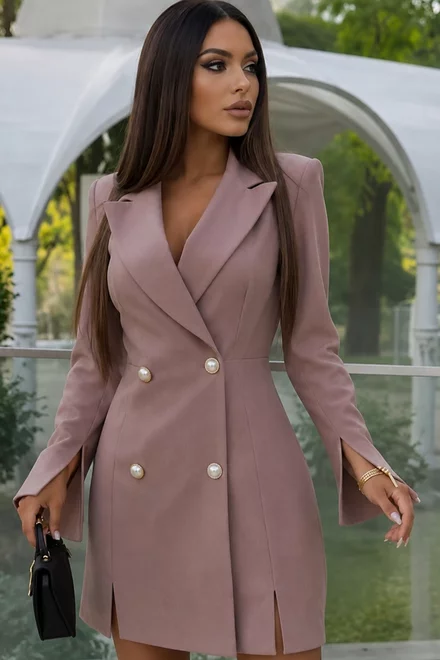 Rochie de Dama, cu Inchidere Nasturi si Maneci Crapate, din Bistrech, Lessy, Bej