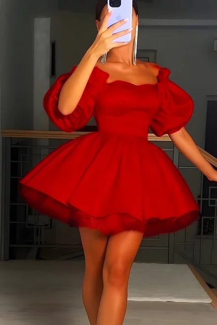 Rochie de Dama, cu Maneci Bufante si Fusta Dublata cu Tulle, Eleganta ,Velissia, Rosie