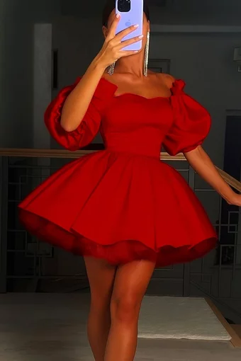 Rochie de Dama, cu Maneci Bufante si Fusta Dublata cu Tulle, Eleganta ,Velissia, Rosie