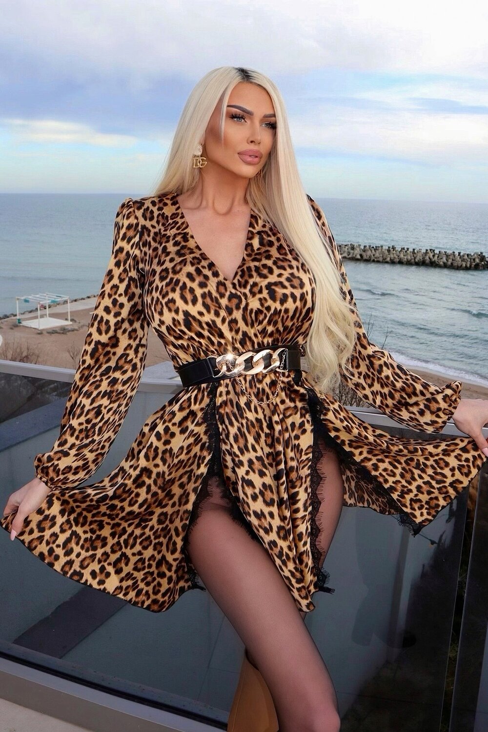 Rochie de Dama, cu Maneci Lungi si Crapaturi Adanci pe Picior in Ambele Parti, Madimia, Print Leopard