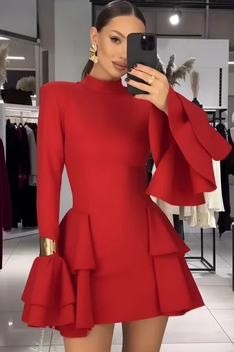 Rochie de Dama, cu Maneci Lungi Tip Clopot, Volane si Inchidere Fermoar, Brienne, Rosie