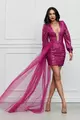 Rochie  Mini de Dama, cu Trena Atasata pe o Parte, din Paiete, cu Maneci Lungi Bufante si Decolteu Adanc, Ellegante, Fuchsia