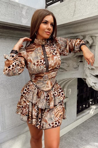 Rochie  de Dama CU Volane, cu Spatele Decupat si Maneci Lungi, Tiger