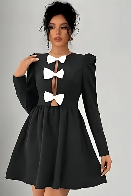 Rochie de Dama, din Bistrech, cu Decolteu Adanc si Accesorizata cu Fundite Albe pe Bust, Lunerra, Neagra