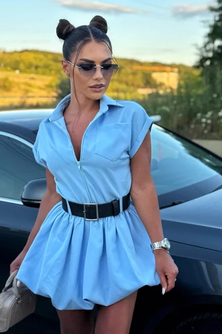  Rochie de Dama, din Bistrech, cu Fusta Tip Gogosar si Maneci Scurte, Bliss, Bleu