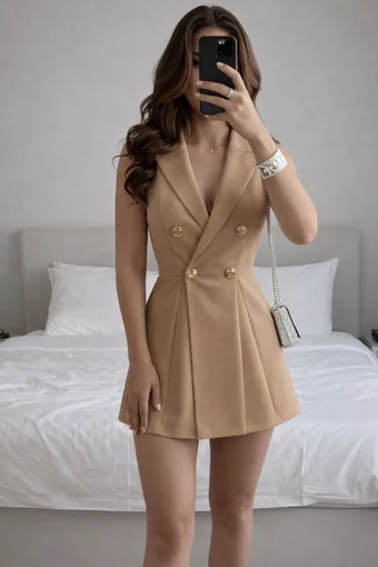 Rochie de Dama, din Bistrech, cu Inchidere Nasturi, Scurta, Nivalla, Bej