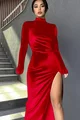 Rochie de Dama, din Catifea, pe Gat, cu Maneci Lungi, Crapata pe Picior, Choo, Rosu