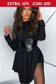 Rochie de Dama, din Crep Elastic, cu, Corset si Mansete din Piele Ecologica, Black Choco, Neagra