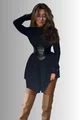Rochie de Dama, din Crep Elastic, cu, Corset si Mansete din Piele Ecologica, Black Choco, Neagra