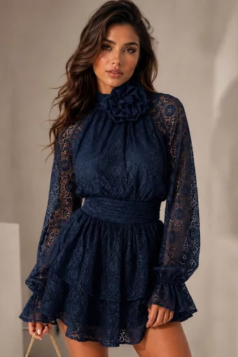 Rochie de Dama, din Dantela, Accesorizata cu Floare, Katany, Bleumarin