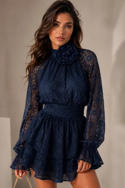 Rochie de Dama, din Dantela, Accesorizata cu Floare, Katany, Bleumarin