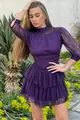 Rochie de Dama din Dantela, cu Spate Gol, Volane si Maneci Trei Sferturi, Anelisse, Mov