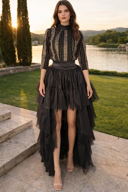 Rochie de Dama, din Doua Piese, Camasa cu Paiete si Fusta cu Trena, Superby, Auriu-Neagra 