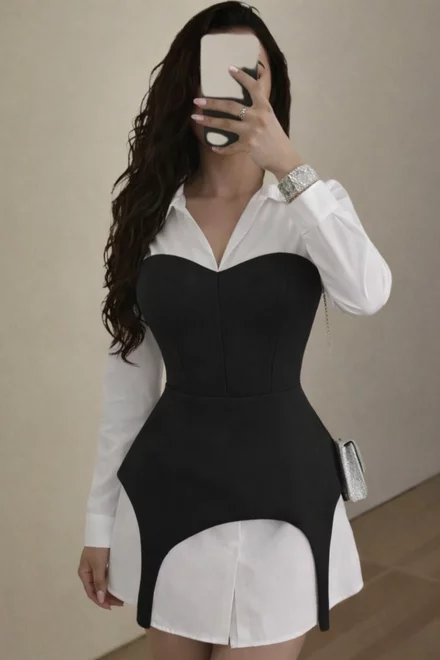 Rochie de Dama, din Doua Piese, Camasa din Bumbac si Corset din Bistrech, Perffecta,  Alb-Negru
