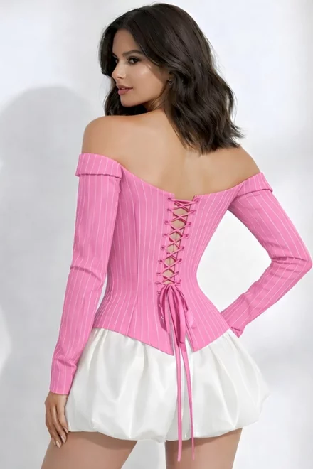 Rochie De Dama, din Doua Piese, Corset Reglabil din Bistrech si Fusta Bumbac, Nissa, Roz