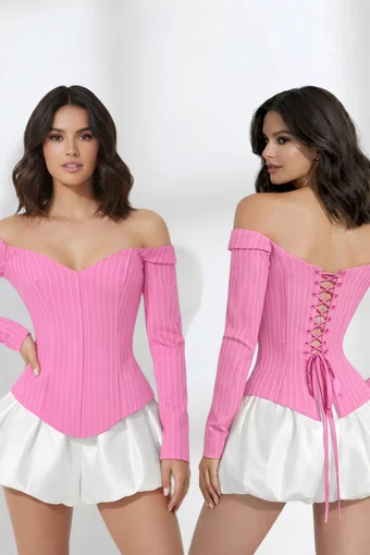 Rochie De Dama, din Doua Piese, Corset Reglabil din Bistrech si Fusta Bumbac, Nissa, Roz